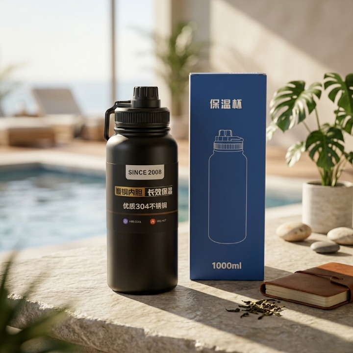 1000ml Vacuum Insulated Water Bottle with Carrying Strap – Matte Black Stainless Steel - Image 2