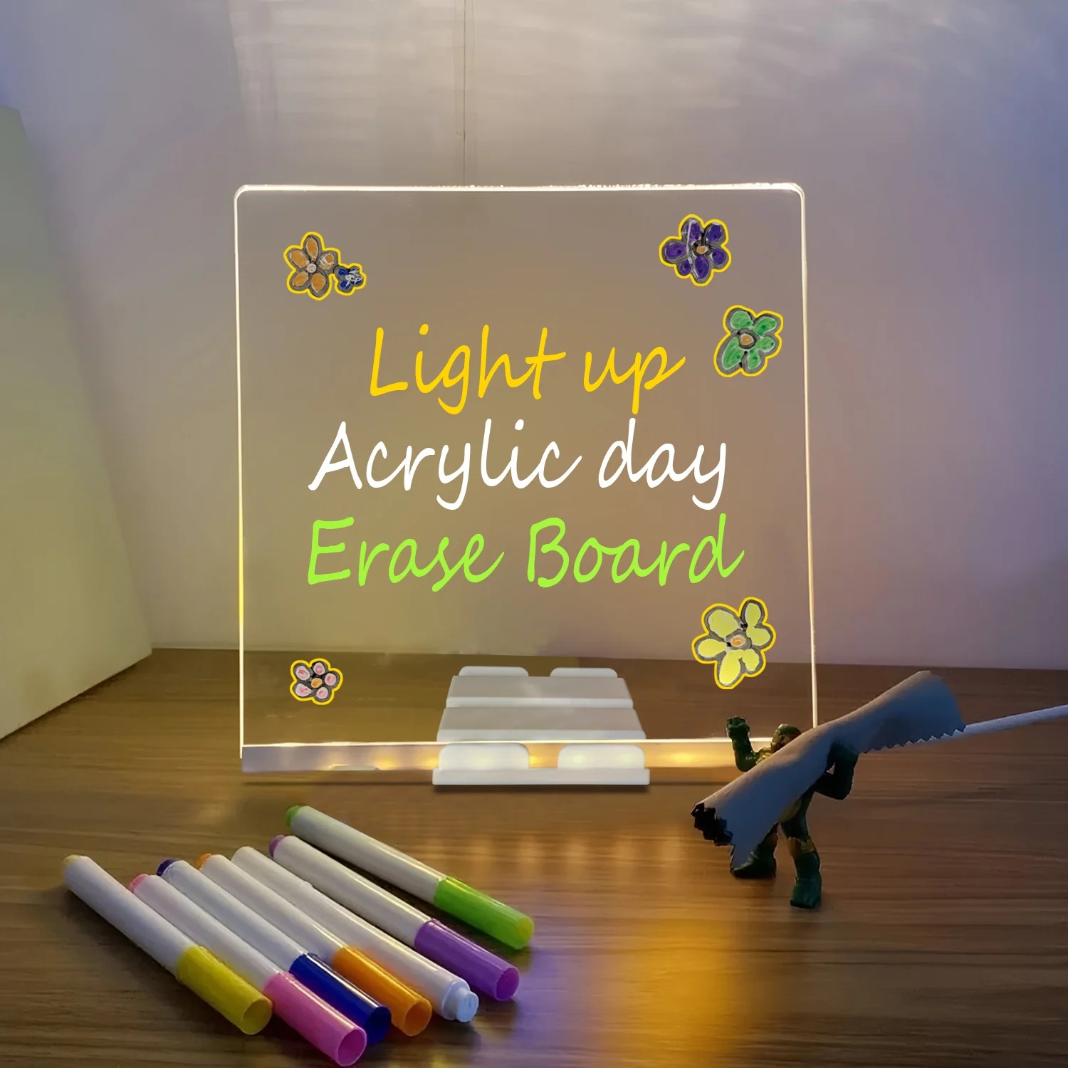 LED Writing Board 15x15cm – Transparent Acrylic Glow Board with 7 Markers & Stand