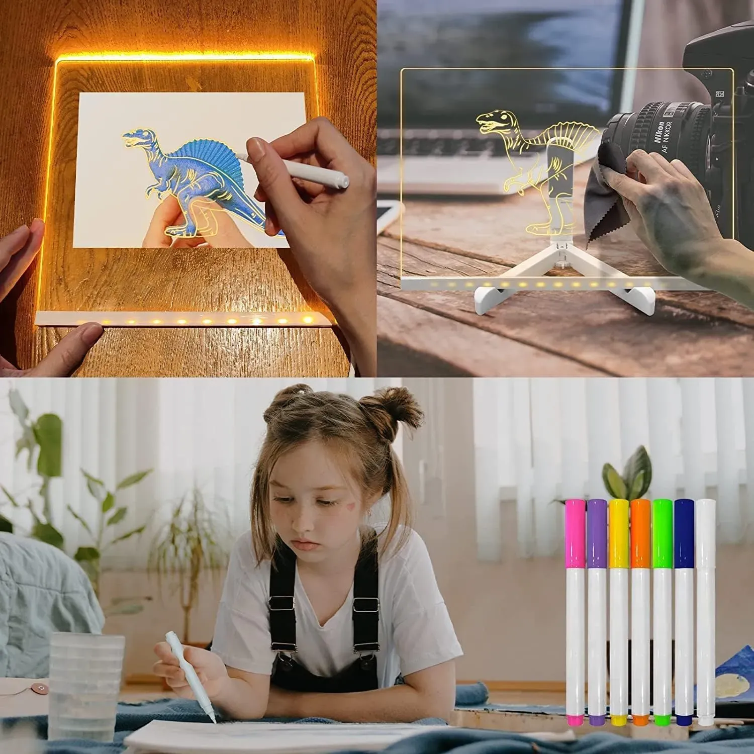LED Writing Board 15x15cm – Transparent Acrylic Glow Board with 7 Markers & Stand - Image 2