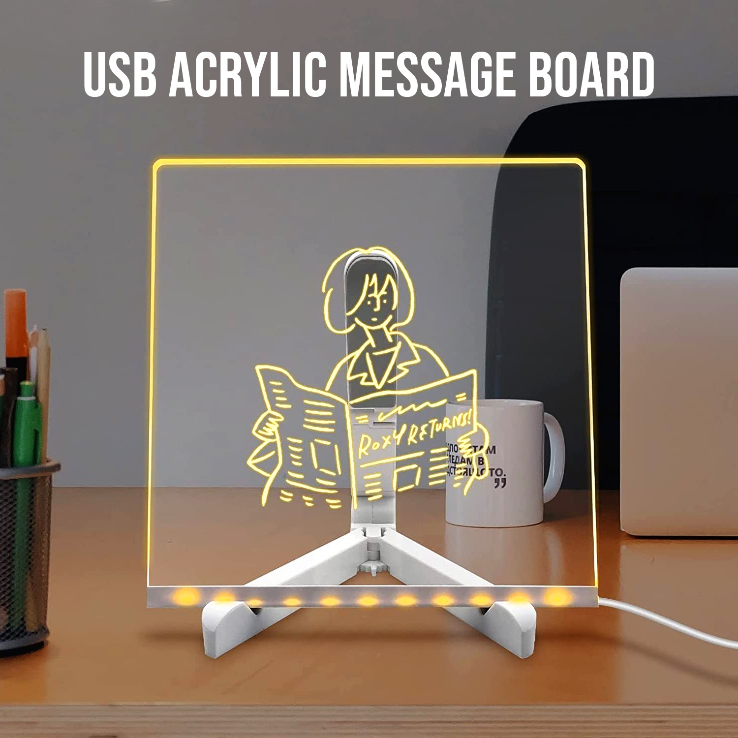 Colorful LED Writing Board 6x6 Inch – USB Acrylic Erasable Board with 4 Markers