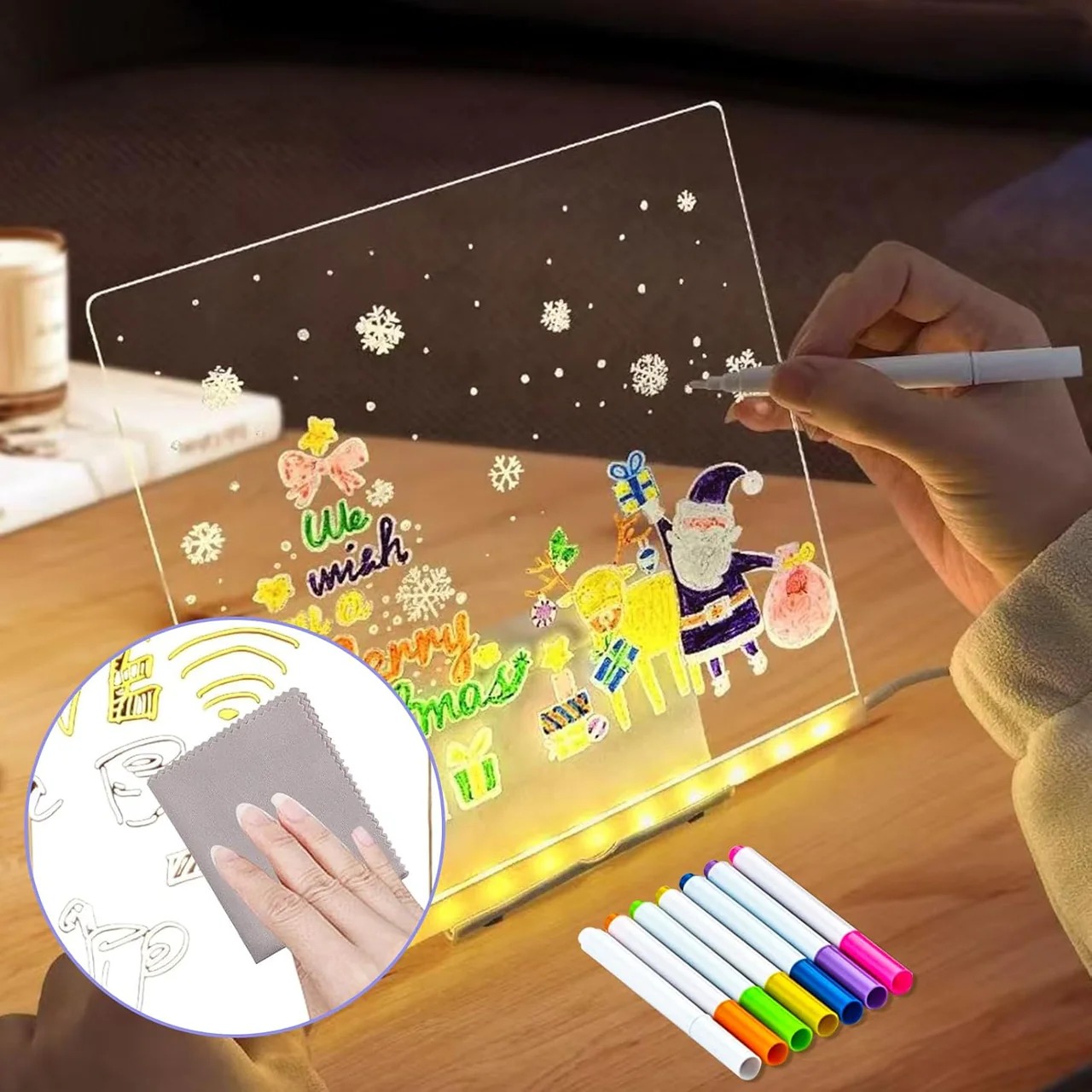 LED Writing Board 15x15cm – Transparent Acrylic Glow Board with 7 Markers & Stand - Image 3