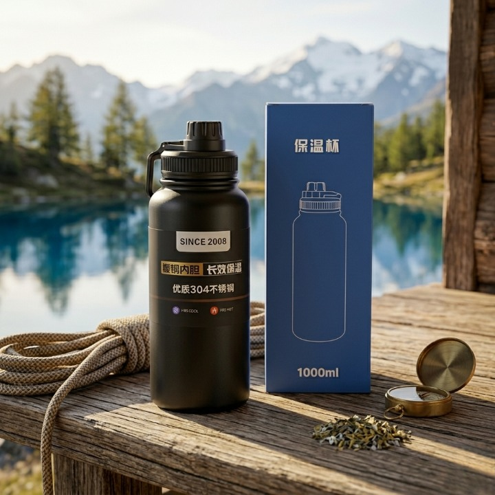 1000ml Vacuum Insulated Water Bottle with Carrying Strap – Matte Black Stainless Steel
