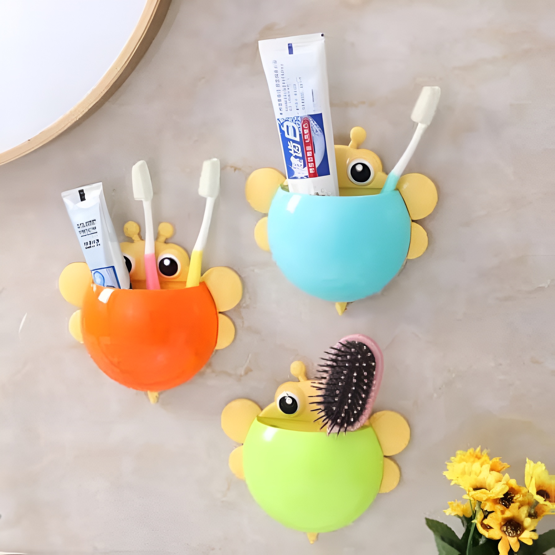 Bee-Shaped Toothbrush Holder with Suction Hook – Cute Wall Mounted Holder for Kids - Image 3