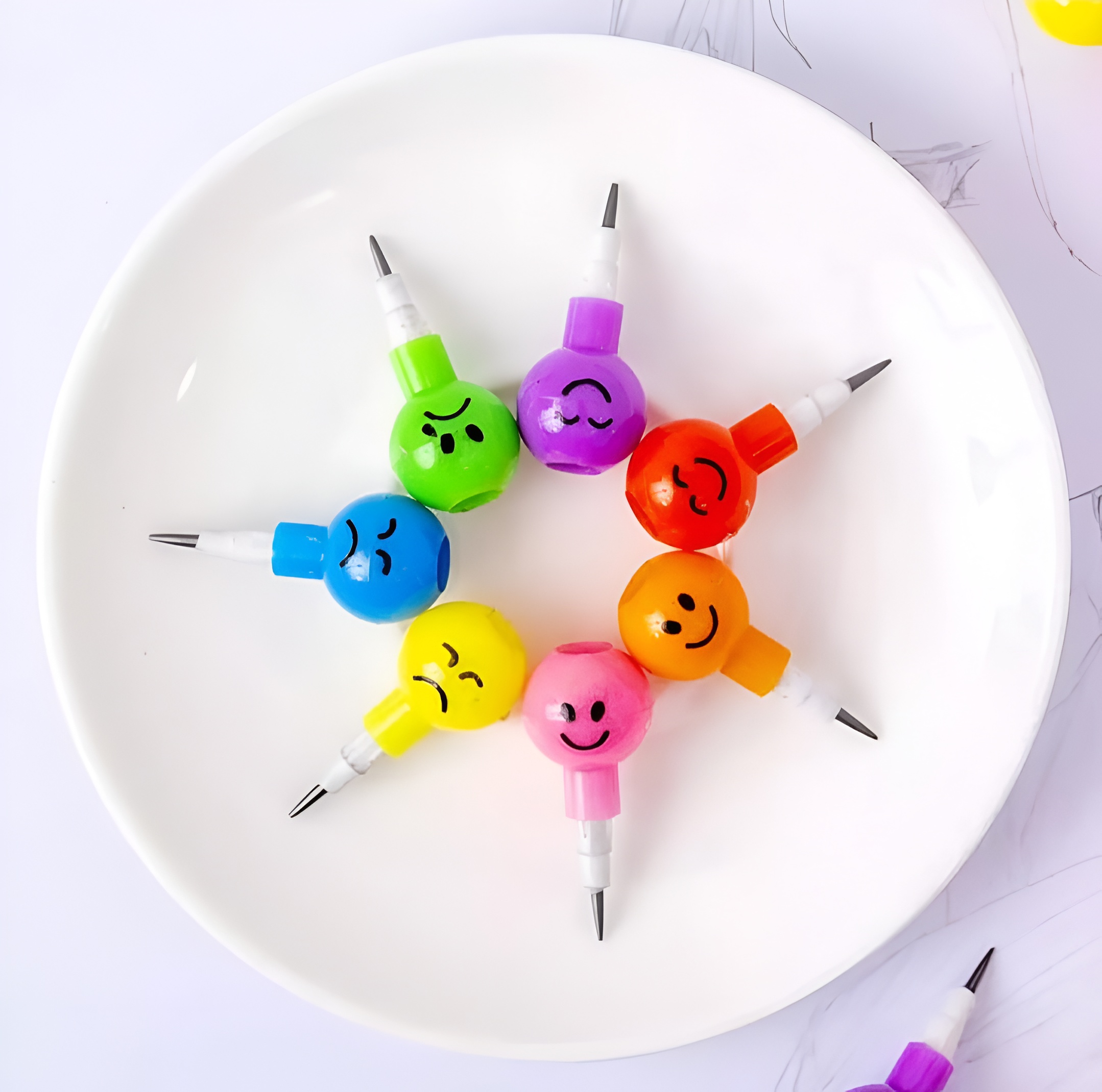 Smiley Cartoon Stationery Pencils – Pack of 4 Fun Rainbow Pens with Funny Faces - Image 2