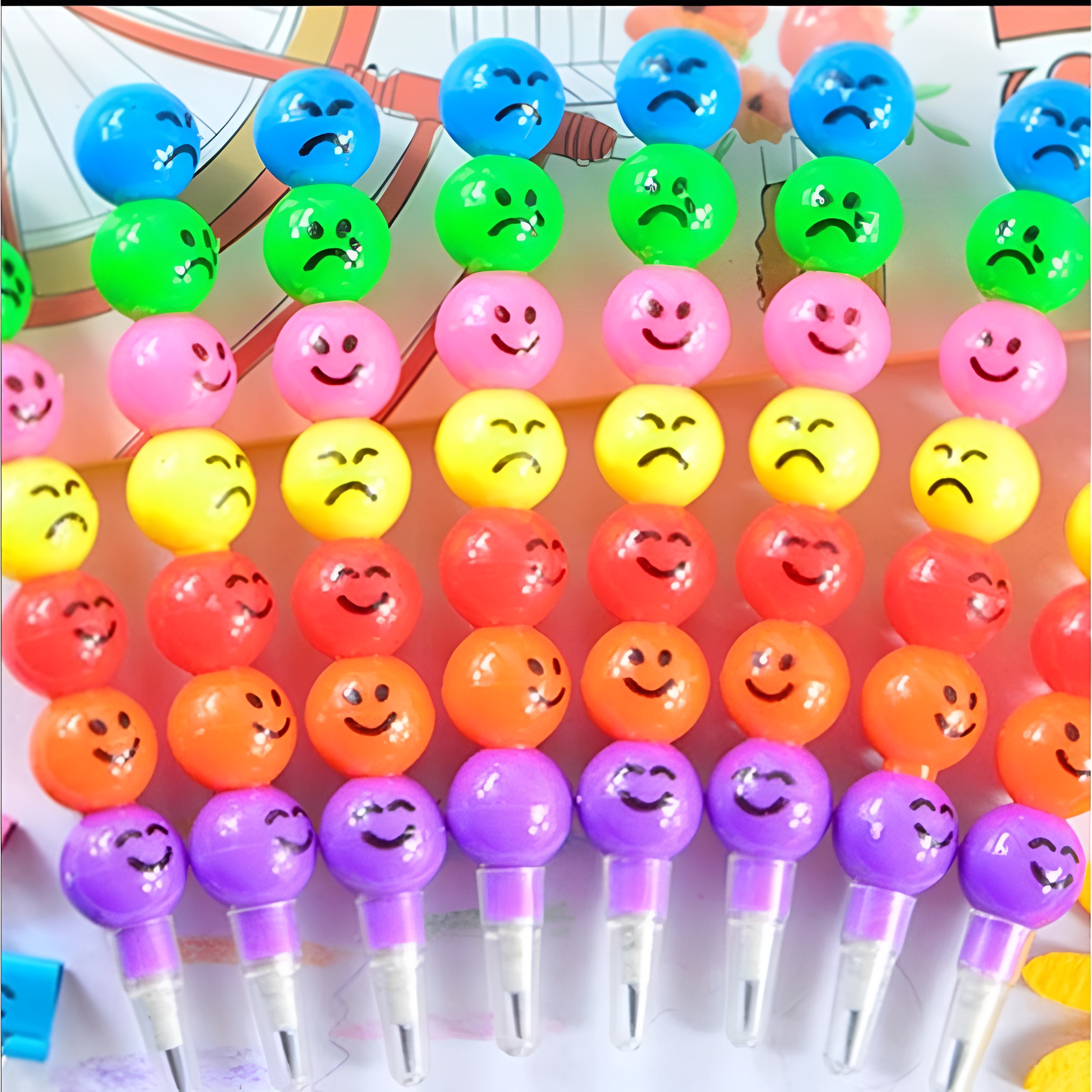 Smiley Cartoon Stationery Pencils – Pack of 4 Fun Rainbow Pens with Funny Faces - Image 3