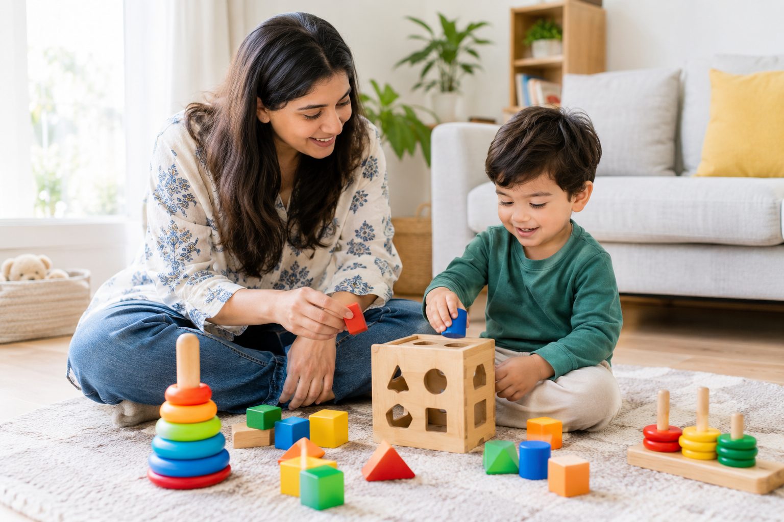 Parent and toddler playing with educational toys at home in Pakistan